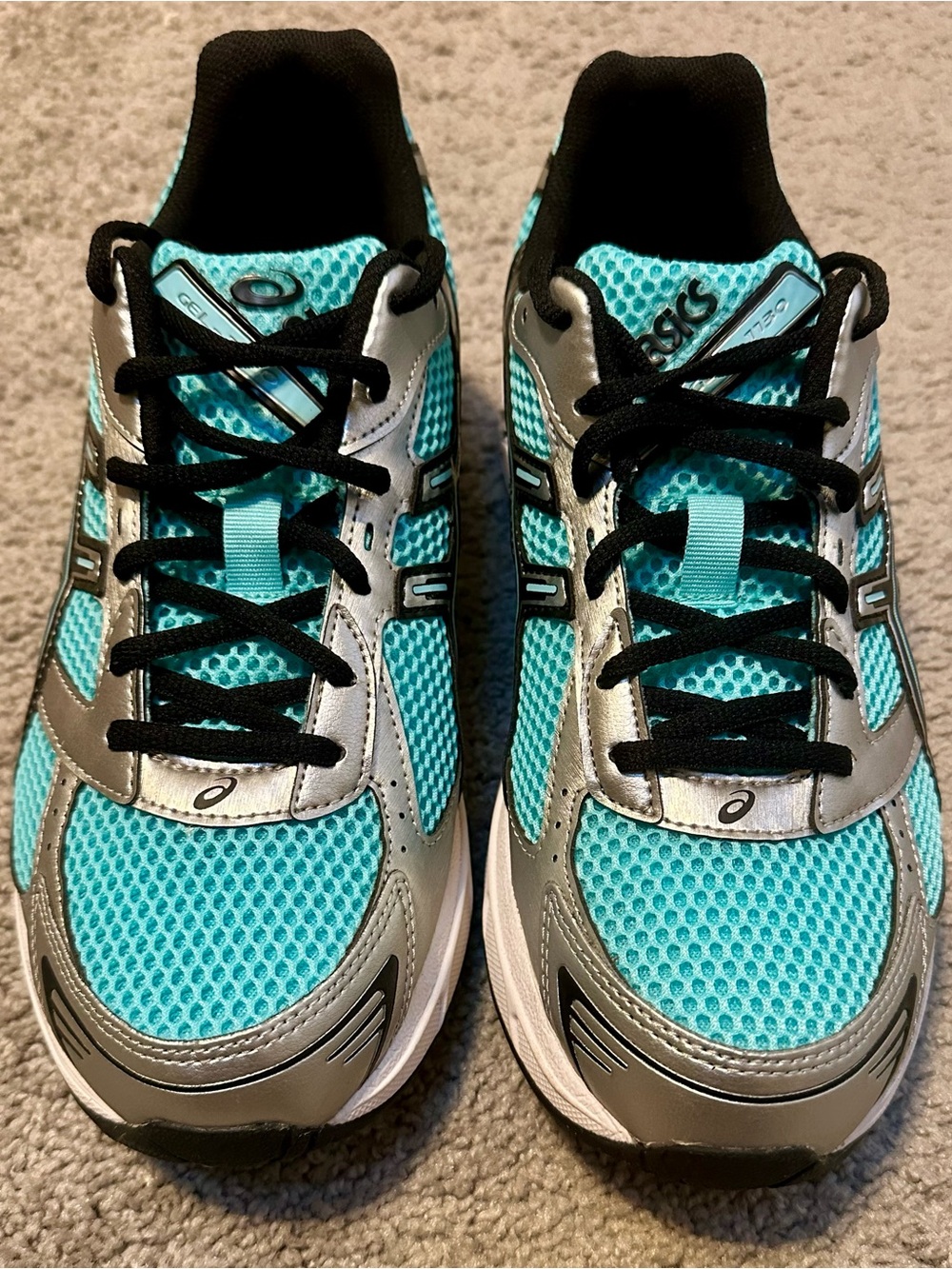 ASICS 1130 Gel Men’s 9.5 Womens 11 Teal and Silver Athletic Running Shoes